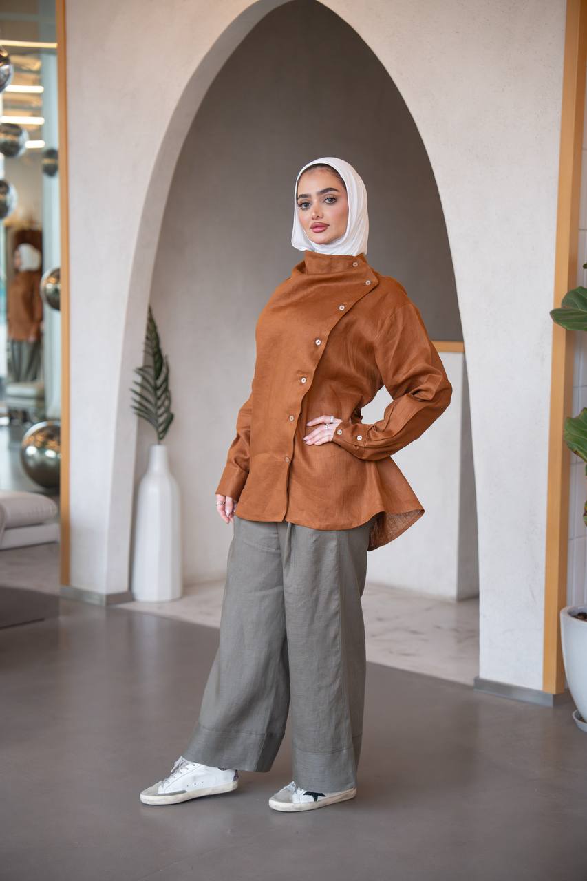 Camel shirt and Olive pants set, linen C:J1036