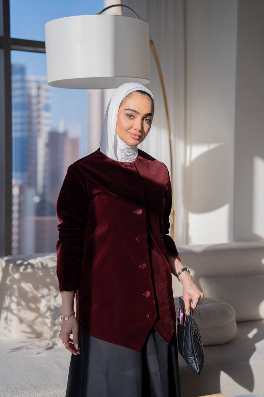 Burgundy velvet jacket set with trench coat skirt C:J1020 burgundy