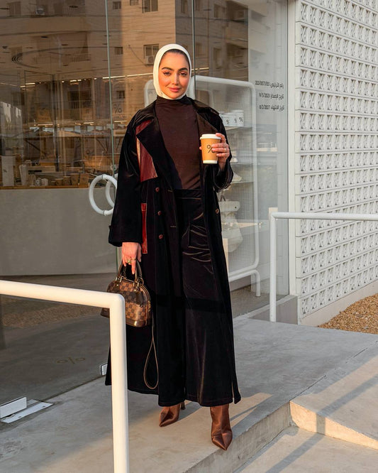 Velvet trench coat with leather. C:J1069