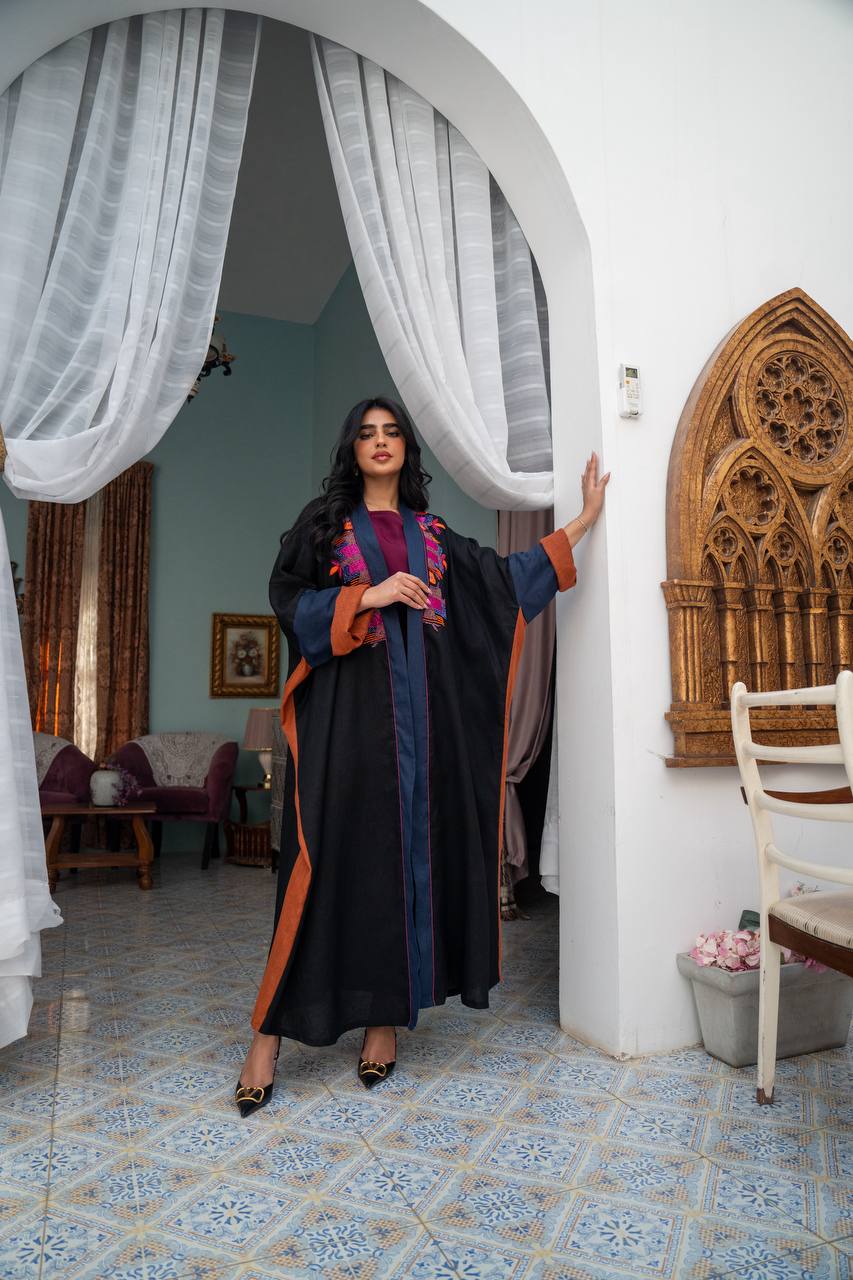 Linen abaya in black with hand embroidery. C:J1080