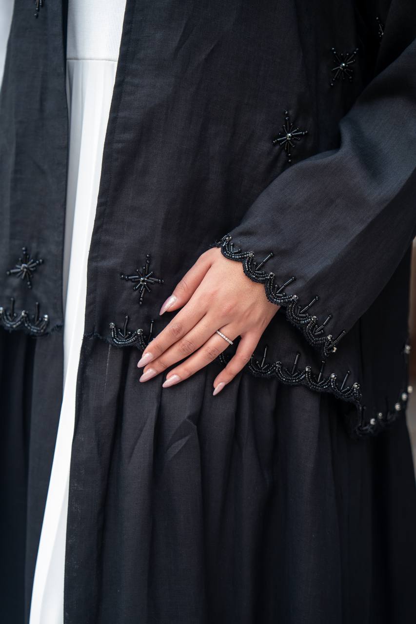 Trench coat linen in black with hand stitching.C:J1081/S