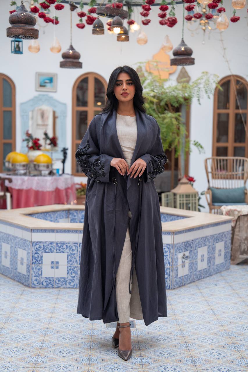 Linen abaya in gray with embroidery. C:J1084