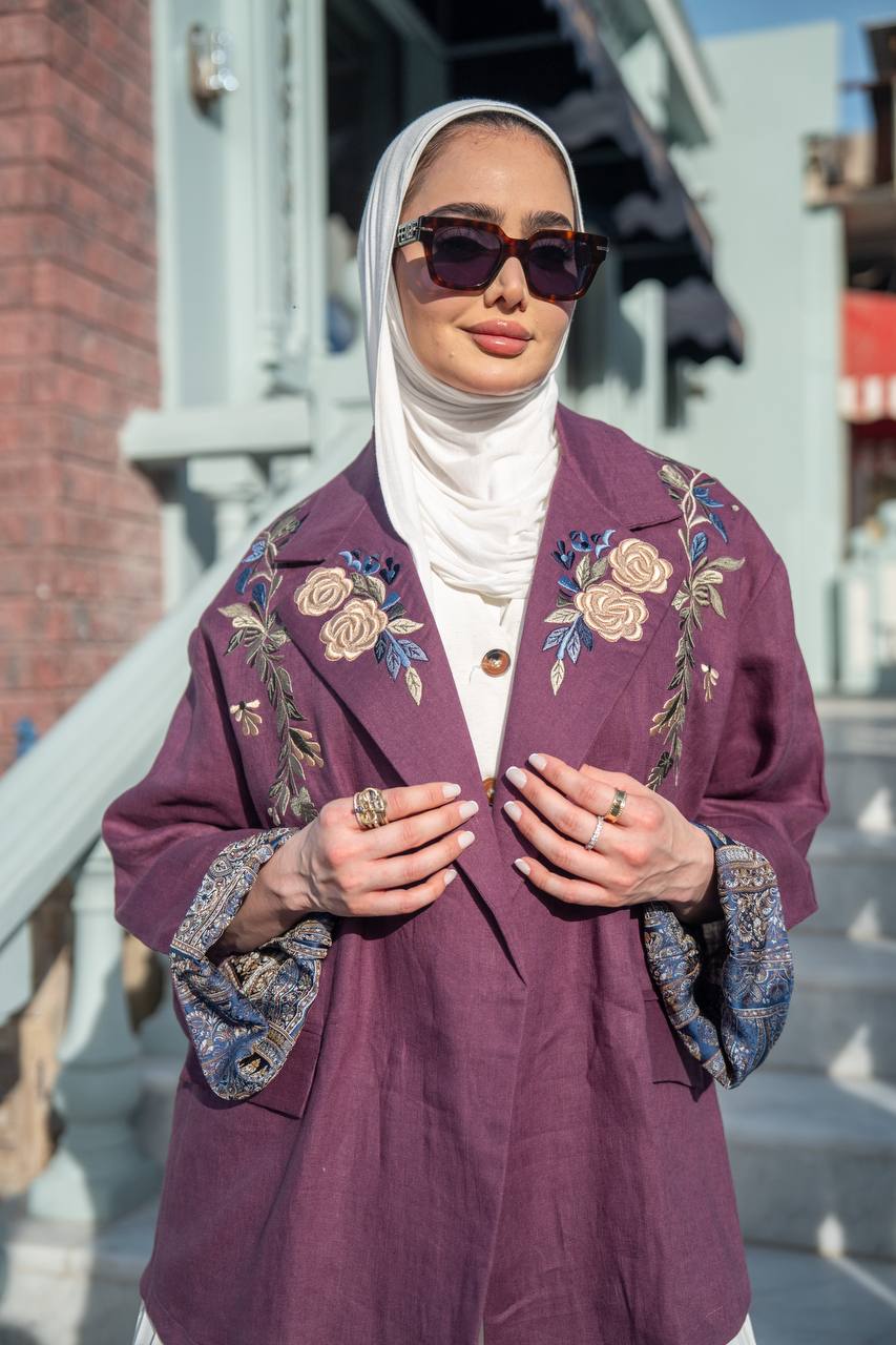 Burgundy blazer set with a white dress. C:1090