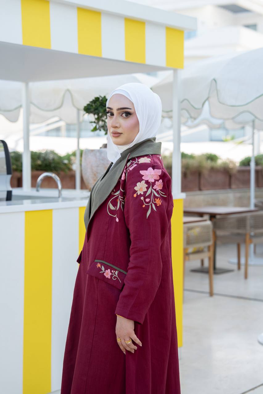 Burgundy linen blazer with embroidery.C:1093