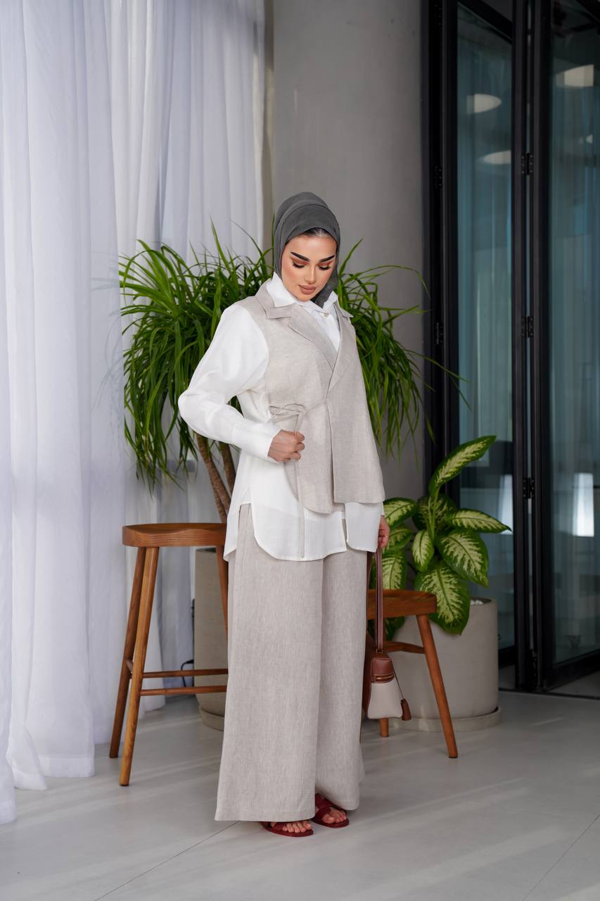 Beige linen shirt and pants set C:J1012