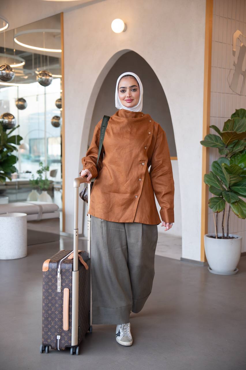 Camel shirt and Olive pants set, linen C:J1036