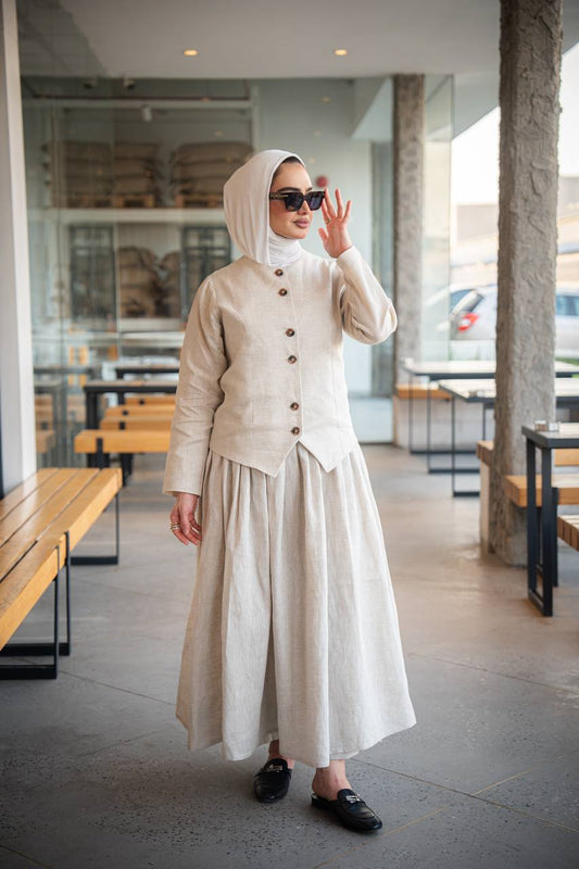 Beige Linen Dress and Vest Set C:J1015