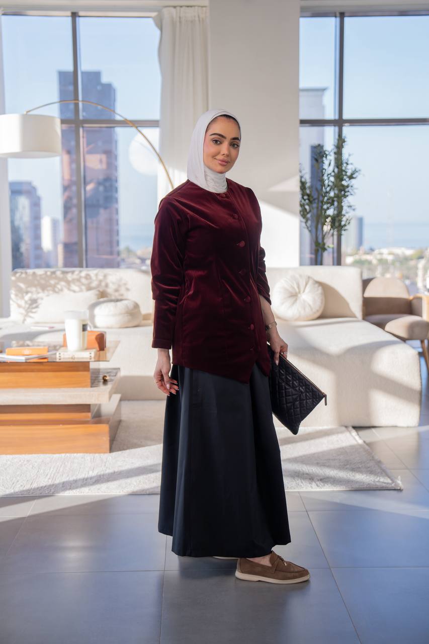 Burgundy velvet jacket set with trench coat skirt C:J1020 burgundy