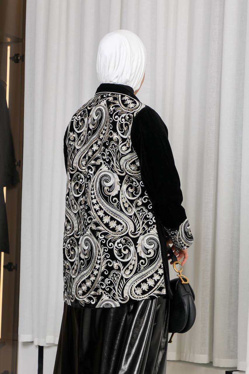 Leather skirt set with embroidered velvet jacket. C:1066