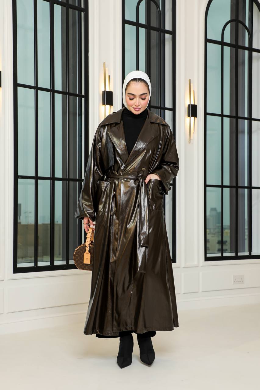 Brown leather trench coat. C:1067 Brown