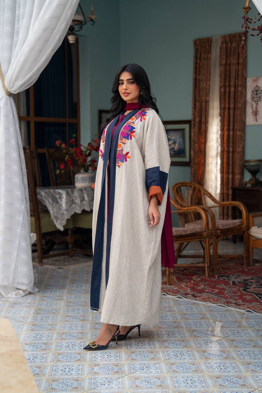 Light beige linen abaya with hand-beading. C:J1079