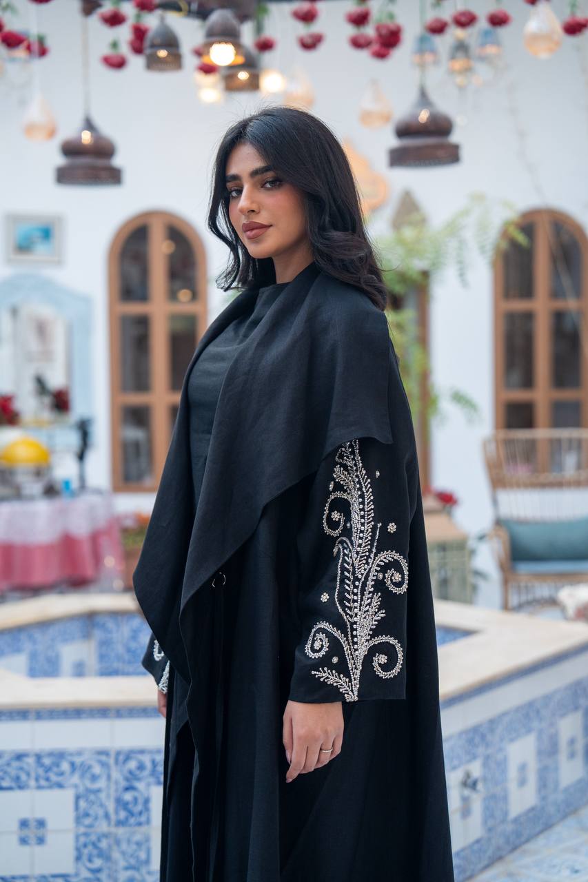 Linen abaya in black with embroidery. C:J1084