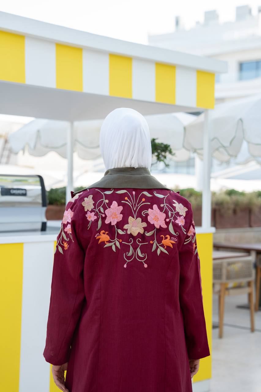 Burgundy linen blazer with embroidery.C:1093