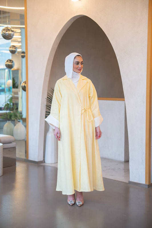 بليزر باللون الاصفر مع طقم داخلي بلوزة حفر و بنطلون ، بخام لينن الطبيعي C:J1037 yellow set