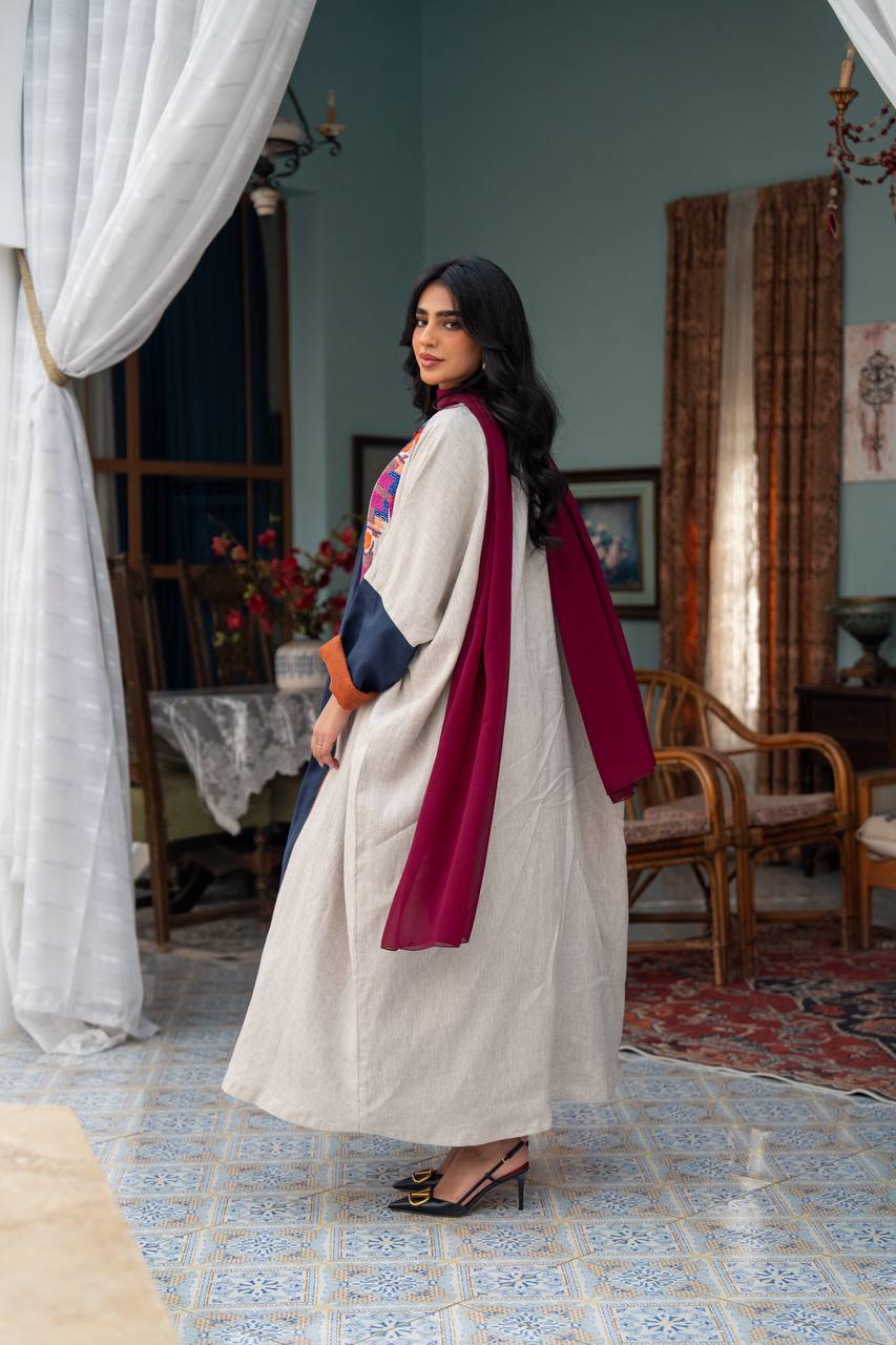 Light beige linen abaya with hand-beading. C:J1079