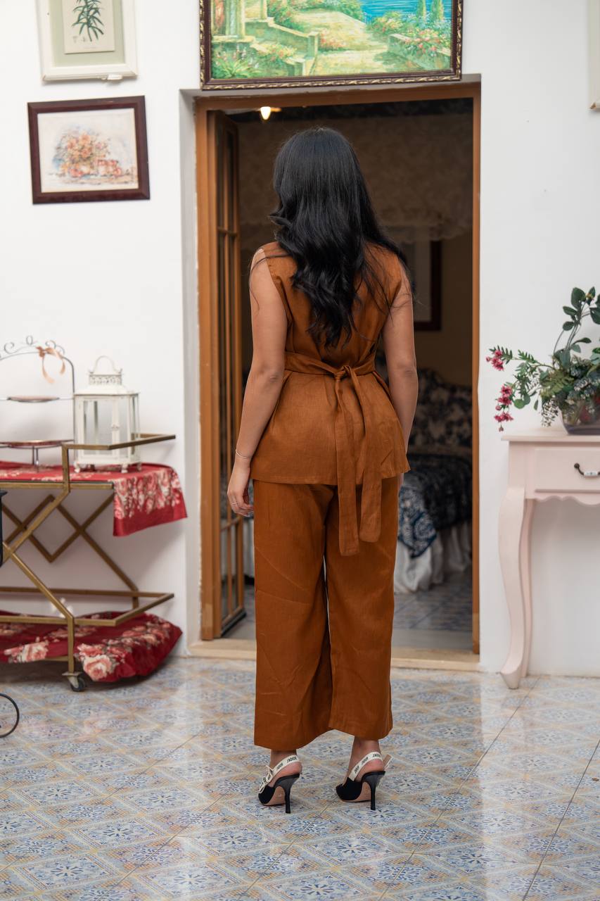 Vest and pants set in camel color with hand embroidery.C:J104