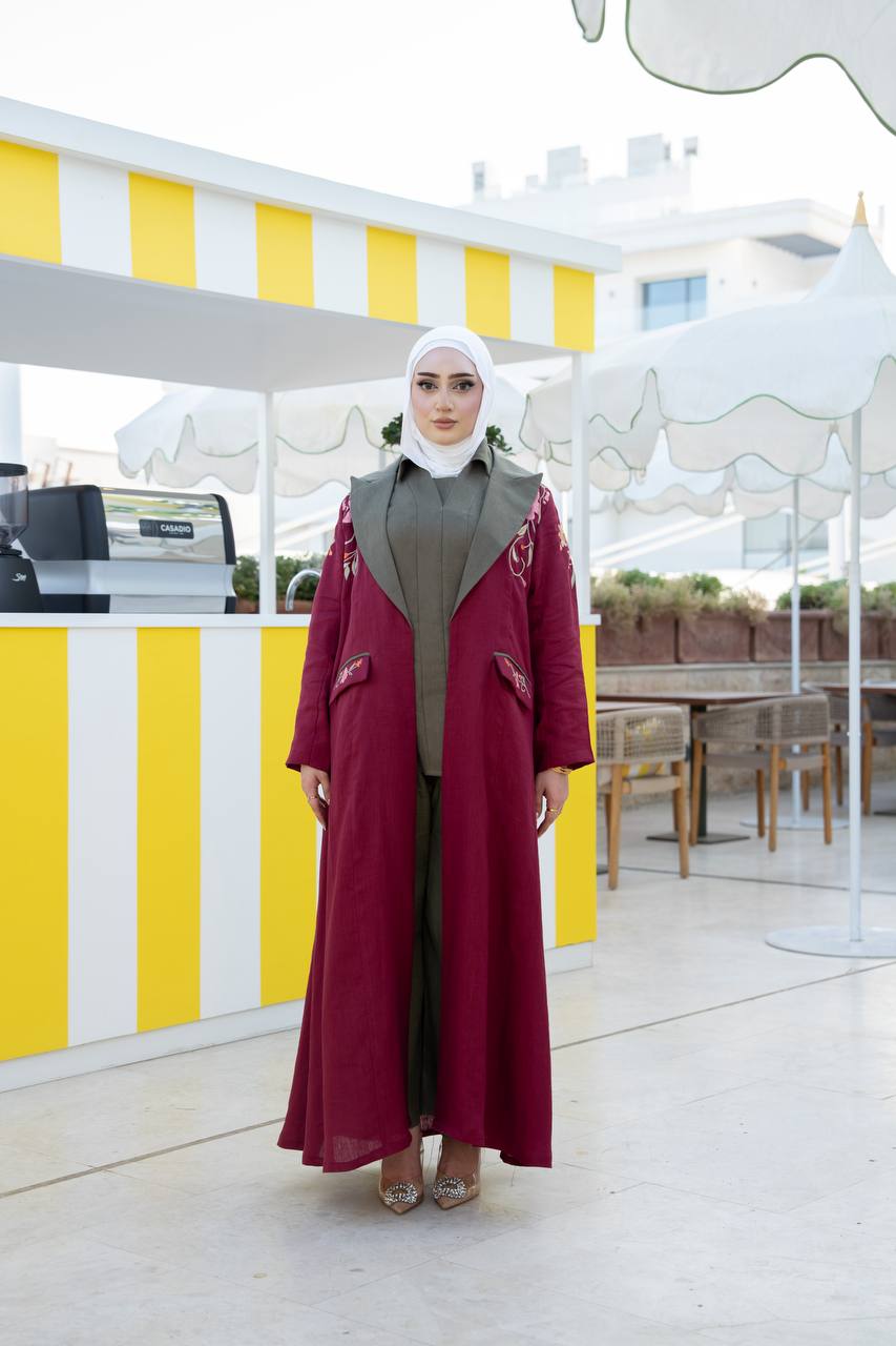 Burgundy linen blazer with embroidery.C:1093