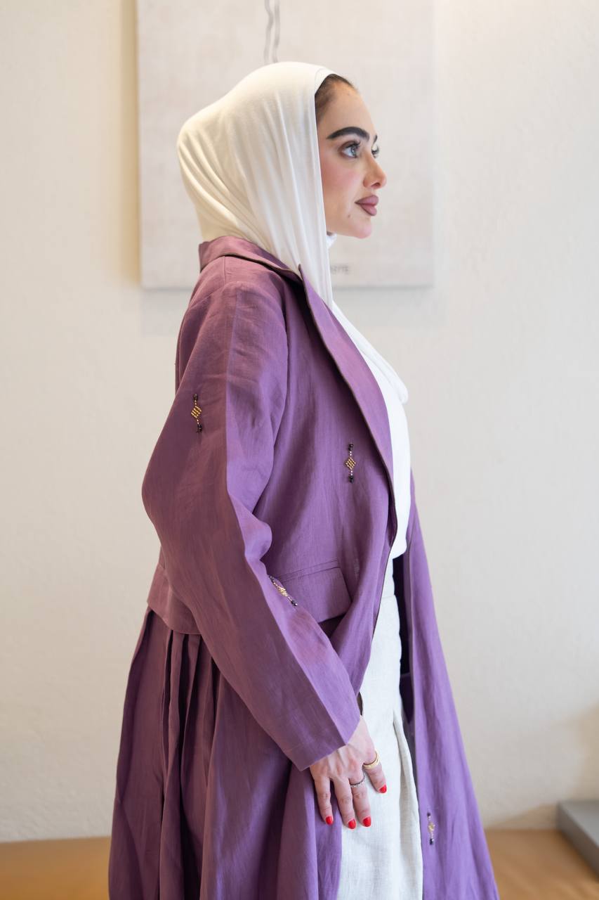 Purple linen trench coat with hand-stitched detailing.C:1096
